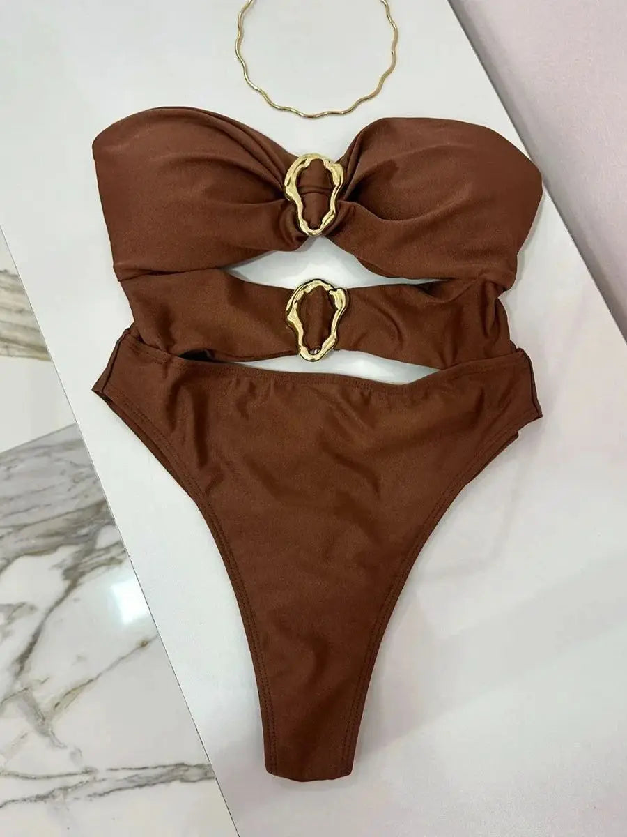 3 Colors Sexy Metal Rings Cut Out Women Swimwear